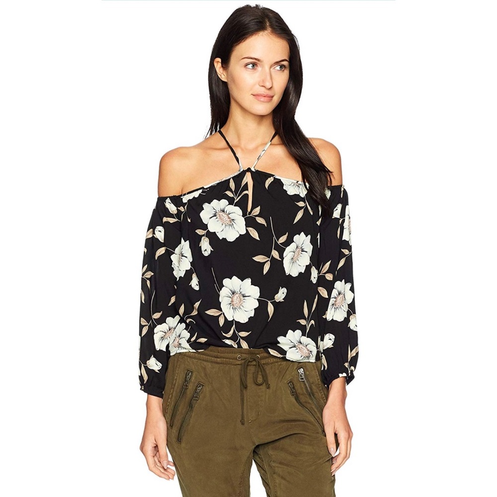 Lucca Couture Floral Print Cold Shoulder Top
